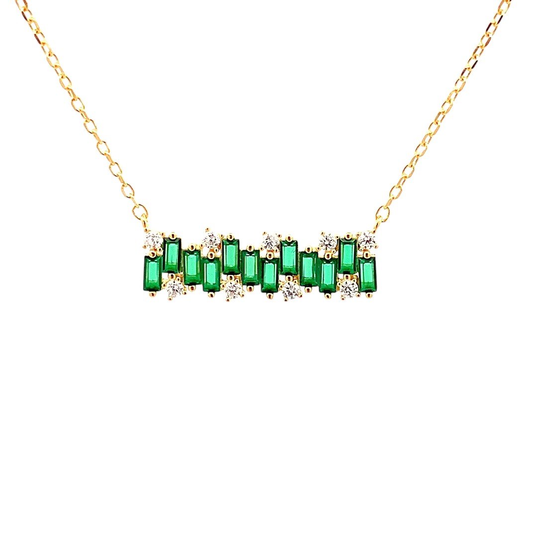 Green Baguette Bar Pendant Chain (Pure Silver) - Gold